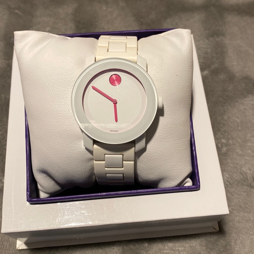 Movado Bold White Dial White Steel and Resin Bracelet Watch with pink dial
